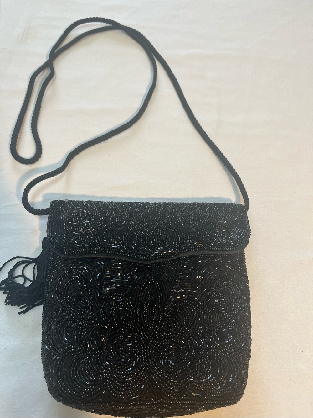 Source Unknown Black Beaded Crossbody Bag with Tassel